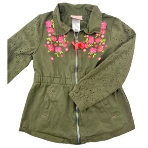 Little Lass Girls 5 Olive Eyelet Sleeve‎ Floral Zip Denim Jacket with Bow EUC